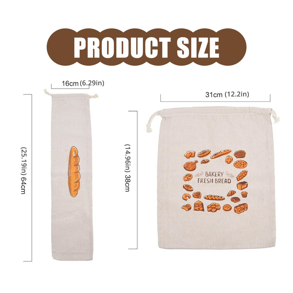 Pack of 4 Organic Linen Bread Storage Bags Reusable Drawstring Designs for Baguettes Vegetables Hand Washable Kitchen