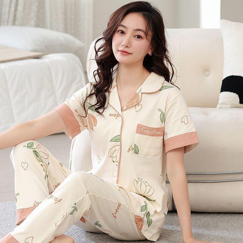 Pure cotton pajamas women's summer short-sleeved trousers two-piece set spring and summer loose casual loungewear can be worn outside