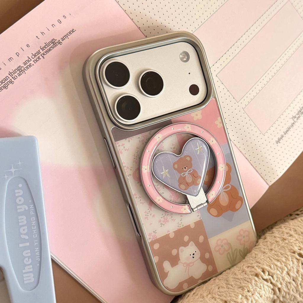 Applicable To Apple 17promax Mobile Phone Case Iphone16 Magnetic Suction 14 Color Matching Cartoon Bear 13 Magnetic Suction Bracket 15