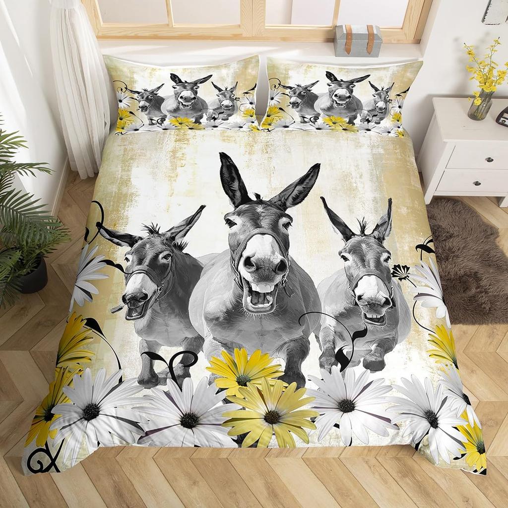 Cute Donkey Duvet Cover Rustic Barn Door Full Bedding Set Farmhouse Decor Farm Animals Comforter Cover Sunflower Flower Bed Set