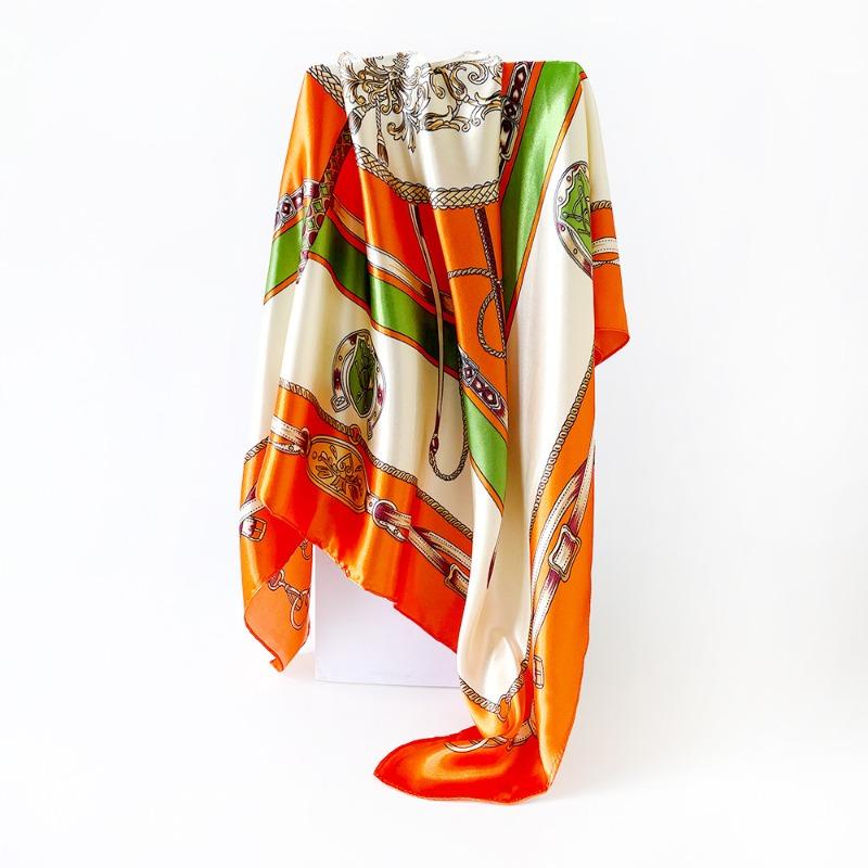 Versatile chain 90cm silk scarf square scarf high-end women's shawl retro printing satin bag headscarf