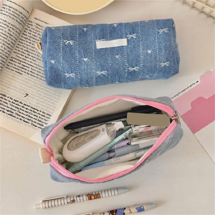 Jeans Fabric Pen Case Large Bowknot Pencil Bag Spacious Compartment Travel Makeup Bag for Student Women Travel Essential