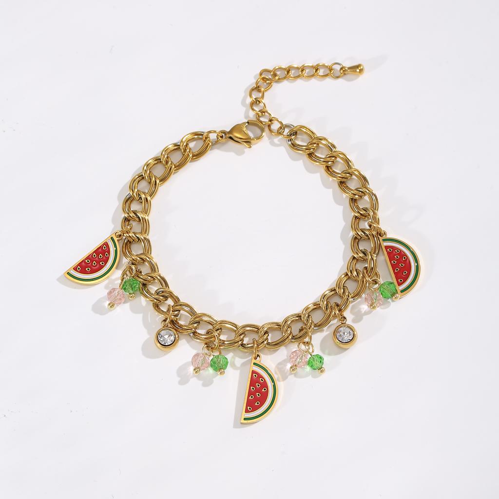 Golden Tone Stainless Steel Fruit Charm Bracelet with Enamel and Crystals for Women