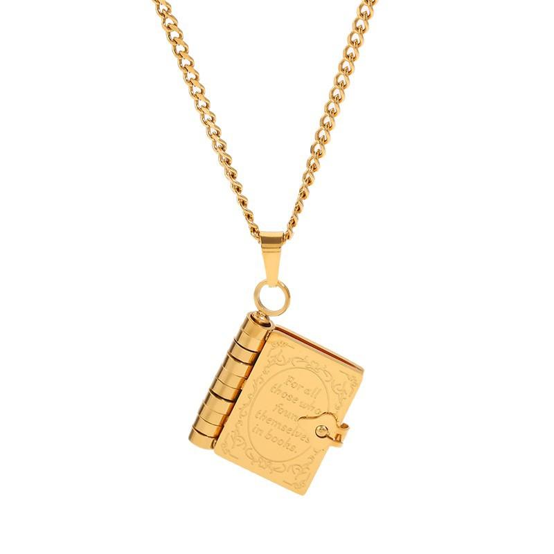 Popular titanium steel necklace, retro book can open couple collarbone chain, fashionable stainless steel necklace