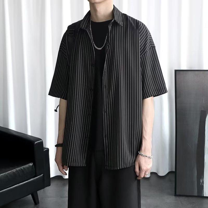 Summer Striped Short Sleeved Shirt For Boys, Trendy Couple, Harajuku Design, Five Quarter Sleeve Drape Shirt