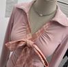 Spicy Girl V-Neck Bow Tie Lace-Up Long Sleeve Slim Pleated Top