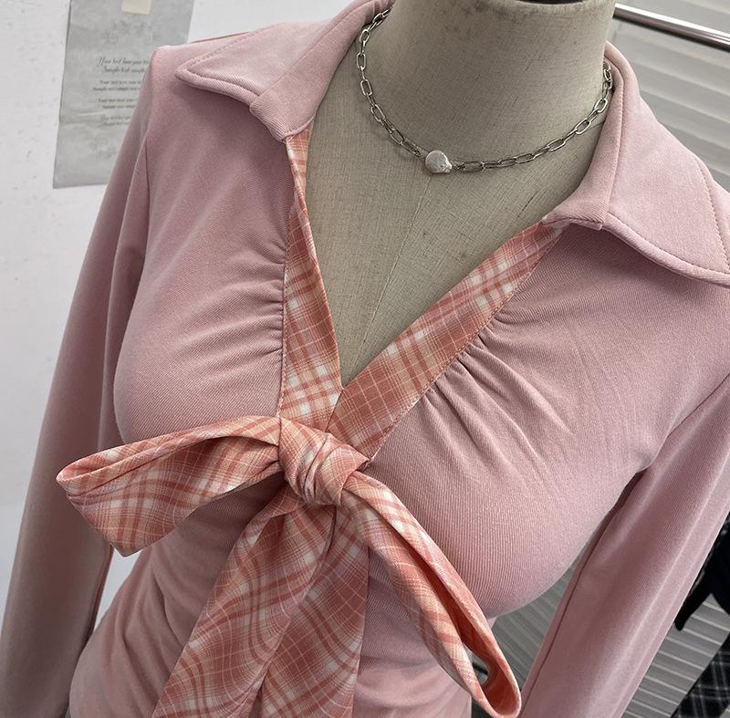 Spicy Girl V-Neck Bow Tie Lace-Up Long Sleeve Slim Pleated Top