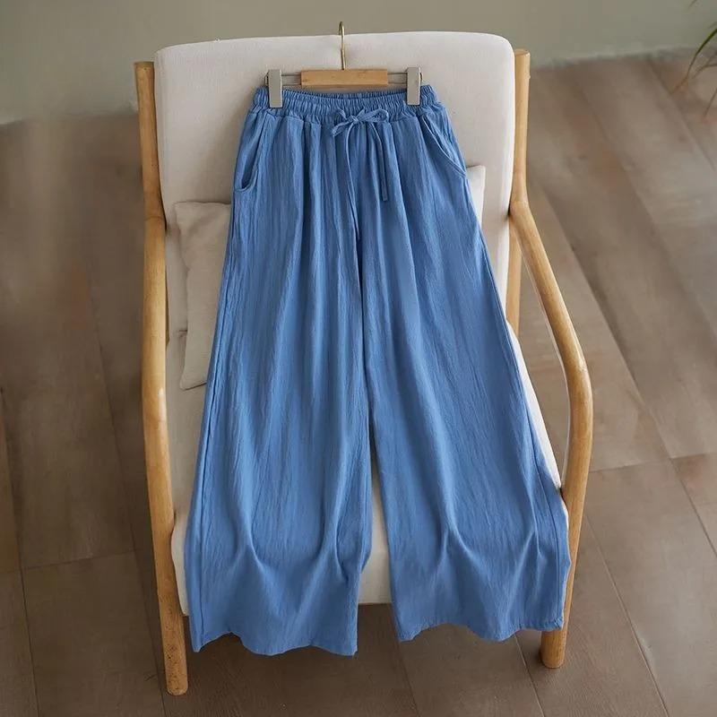 

Loose Cotton Linen Wide Leg Pants Women s Summer Autumn Style Artistic Simple Elastic Waist Meat Concealing Trousers 6XL небо синє кольору