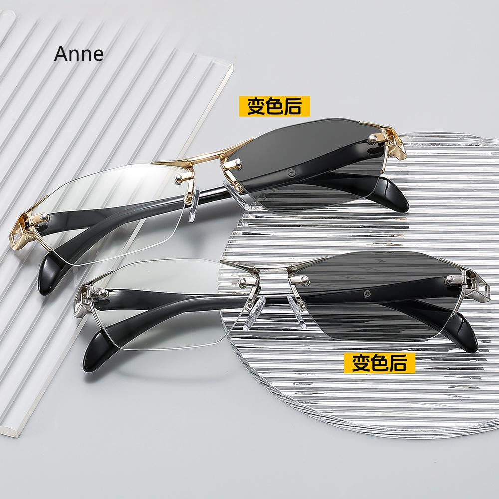 Color Changing Frameless Reading Glasses Cut Edges Photochromic Anti Blue Light Metal High-definition Presbyopia Eyewear To +4.0