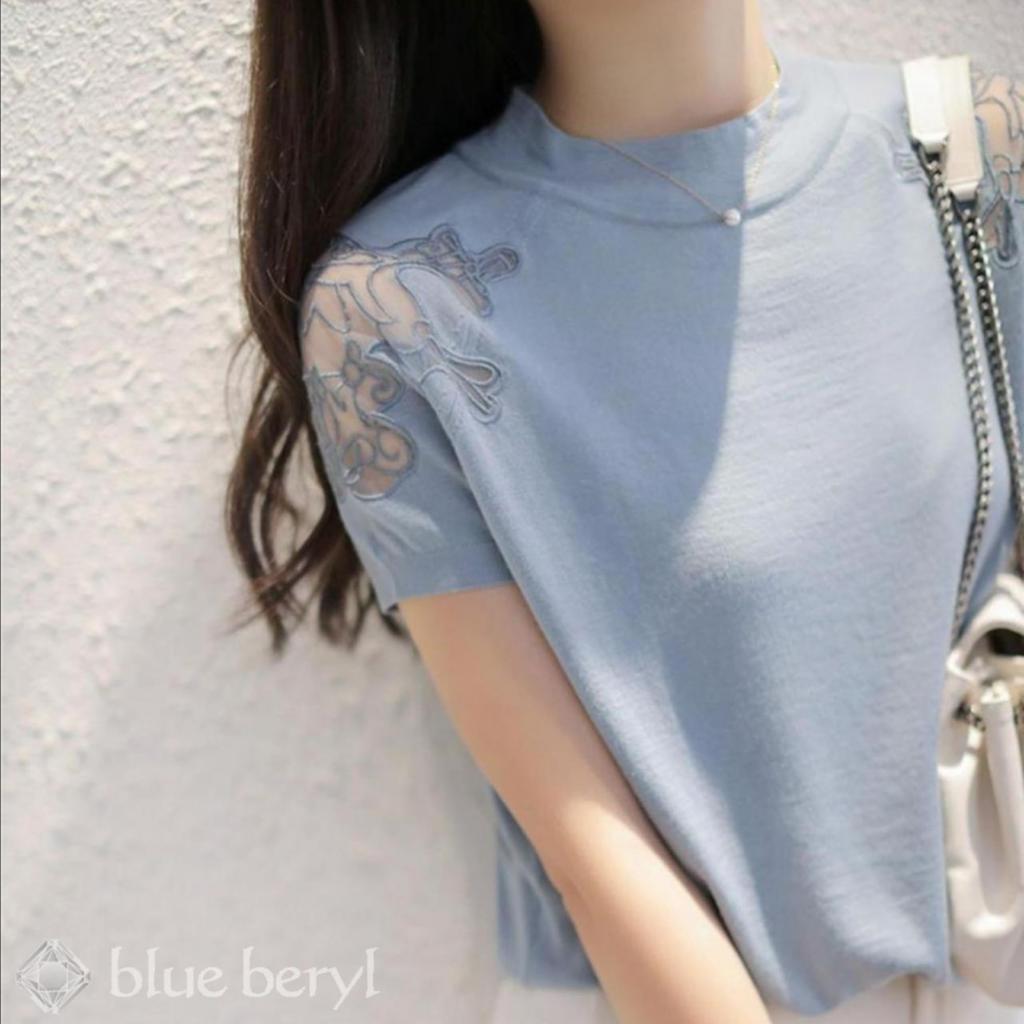 Summer knit top for short lace round cool summer regular slimming adult easy women, sleeves, trim, see-through, neck, thin, knit, fashionable,