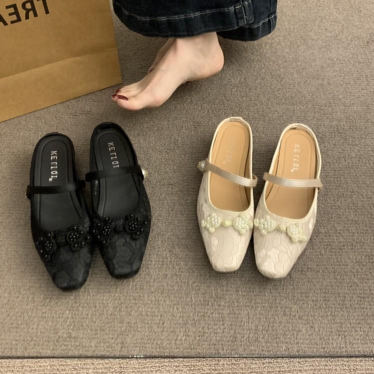 Satin Bag Head Half Slippers Female 2025 Summer New French Temperament Evening Fairy Wind Heightening Mary Jane Single Shoes