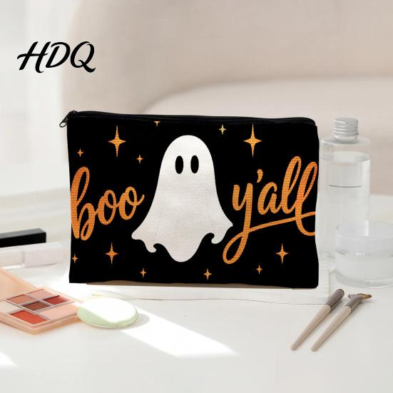 Anti Pilling Cosmetic Bag Bag Halloween Pattern Print Makeup Canvas Cute Daily Storage Zipper Pouch for Change Data Cable Washable Pencil Case