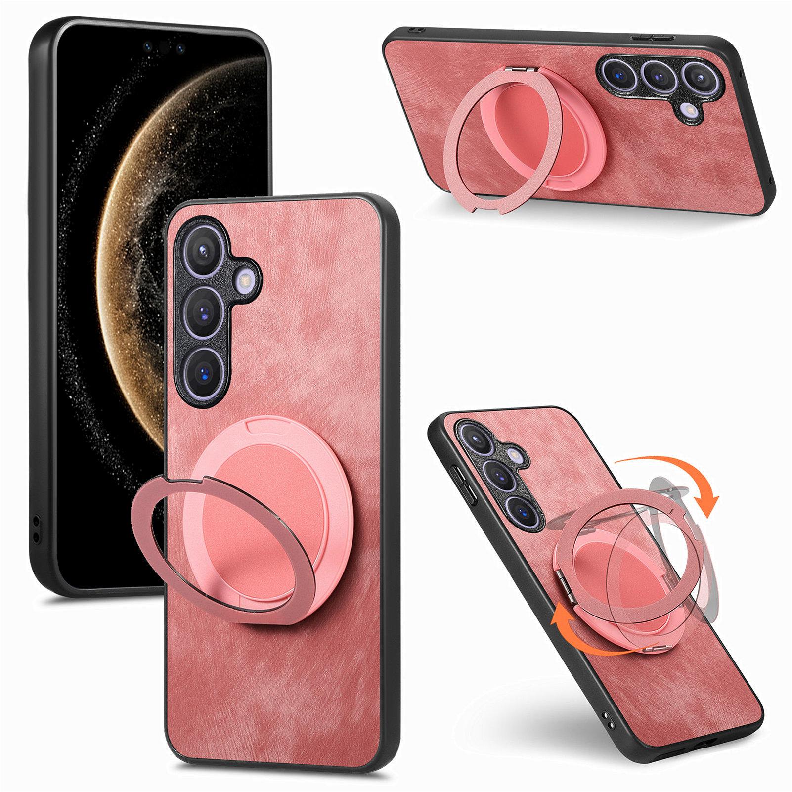 

For Samsung Galaxy S24/Galaxy S25 Phone Case with Rotating Kickstand Stress Relief Retro Leather Back Cover Pink