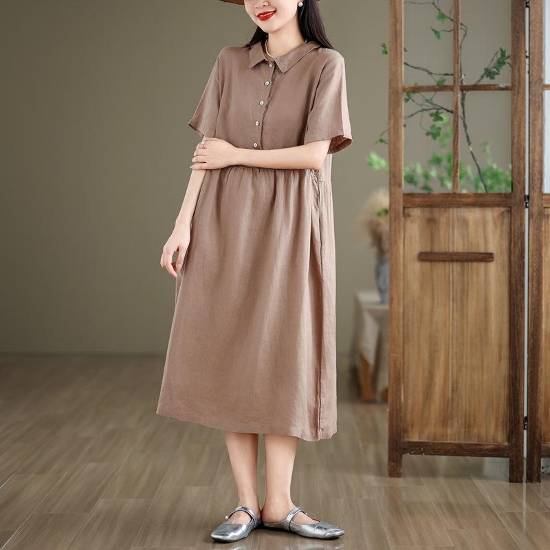 2025 Summer New Cotton and Linen Dress Women's Loose and Simple Polo Collar Short-sleeved Medium and Long Solid Color Skirt