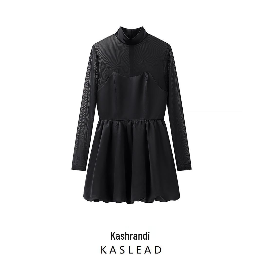 

2025 Spring Women s European & American Bubble Hem Mesh Long Sleeve Dress S чорний