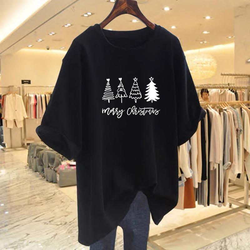 100% pure cotton new round neck medium and long short-sleeved versatile casual large size thin letter printing loose T-shirt women