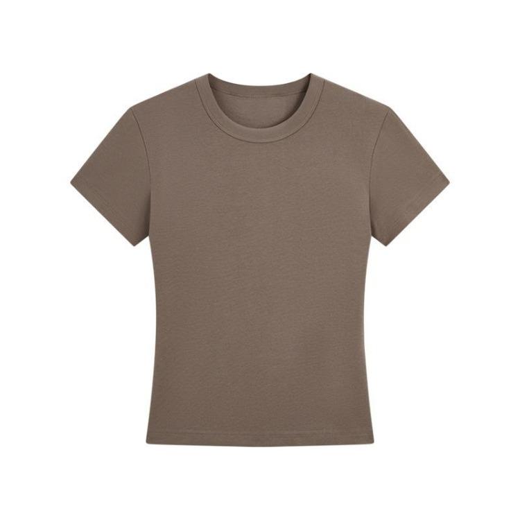 Women French Round Neck Short Sleeve Slim Fit Tshirt Shoulder Elastic Spicy Girl Style Slimming Short Top S кофейный
