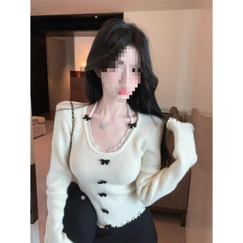 Womens Bow Knit Top Fall Winter Sheer Lace Trim Halter Neck Slim Fit Sweater