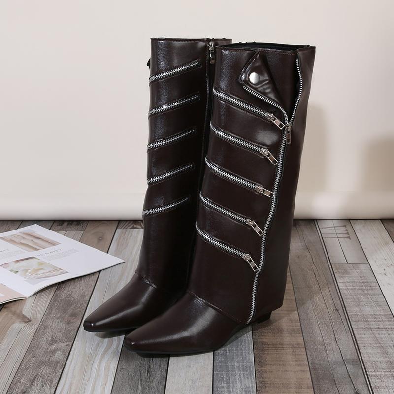 

Модные высокие ботинки Модные остроносые Для улицы Боковая молния Нескользящие Износостойкие На танкетке Не до колена Ботфорты 40