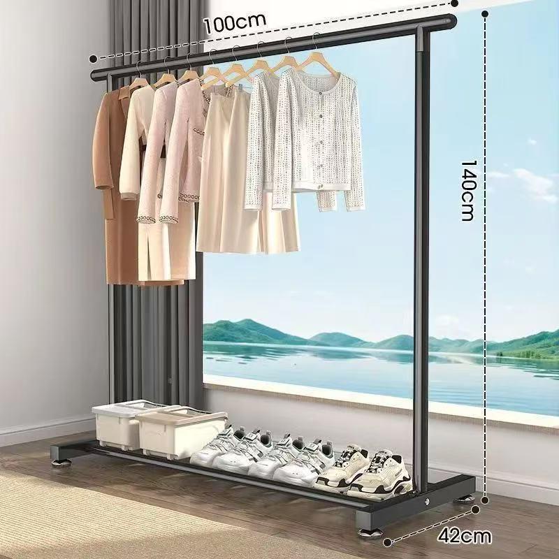 Sturdy Double Bar Wardrobe Rack for Dorms: Floor-Standing, Dual-Layer Clothes & Hat Hanger for Bedrooms and Balconies.