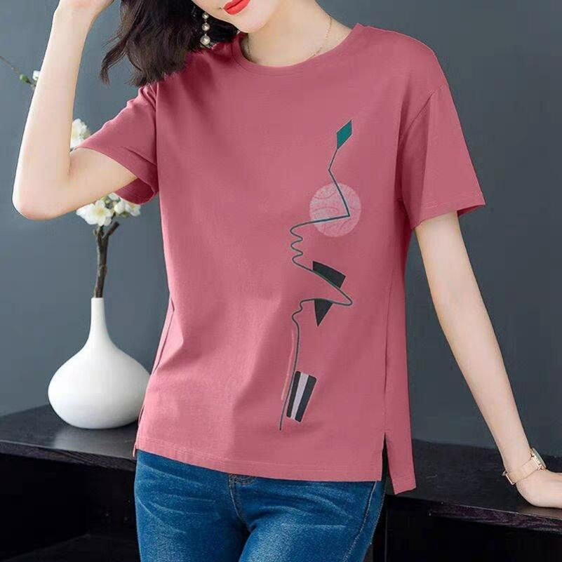 Short-sleeved T-shirt Women's Women's Summer Loose Large Size Fat Mm Literary Printing T-shirt Trend