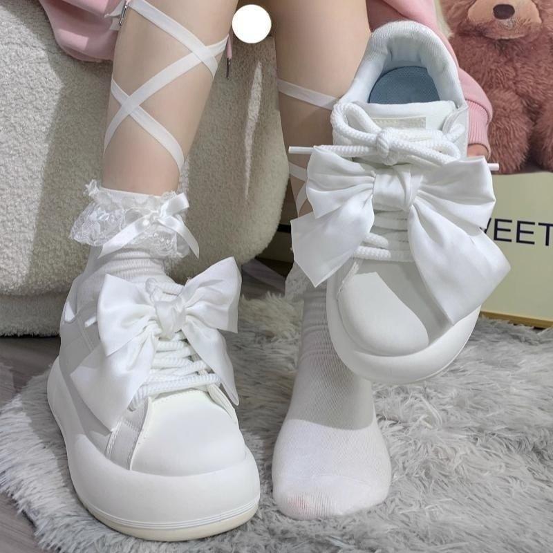 High value bow niche white shoes 2025 spring and autumn new fashion versatile casual thick baseplate shoes women