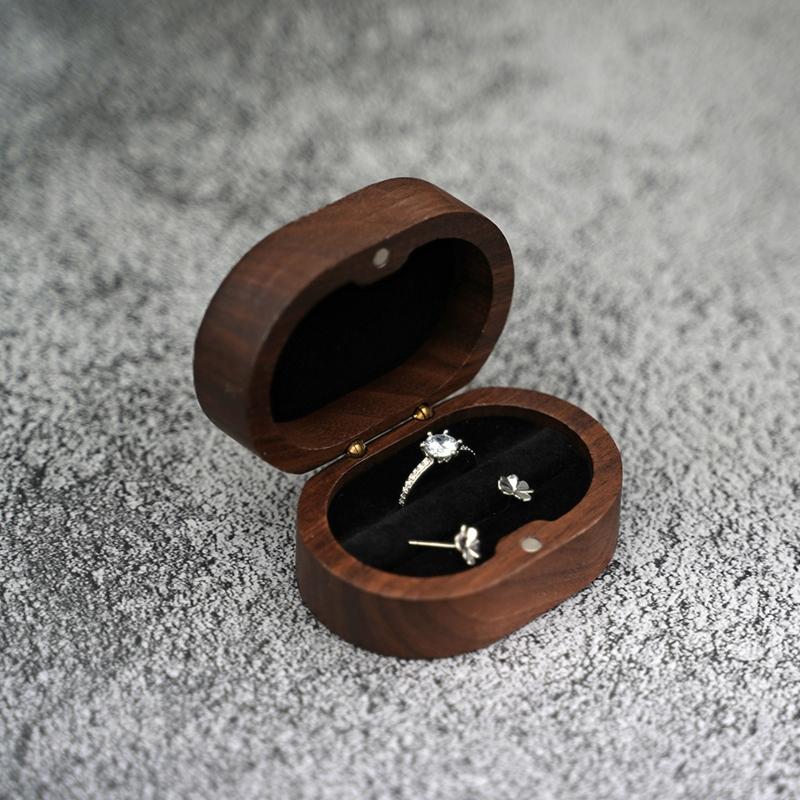 Black Walnut Wooden Engagement Ring Box Solid Wood Oval Shaped Ring Organizer for Proposal Wedding Ceremony Gift