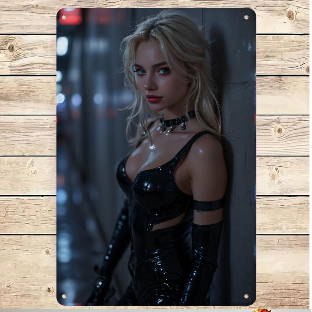 

HD Metal Tin Sign Seductive Blonde Woman in Black Latex Outfit Cyberpunk City Night Scene Vintage Wall Art Plaque Retro D Decor 20x30cm（7.8x11.8inch）