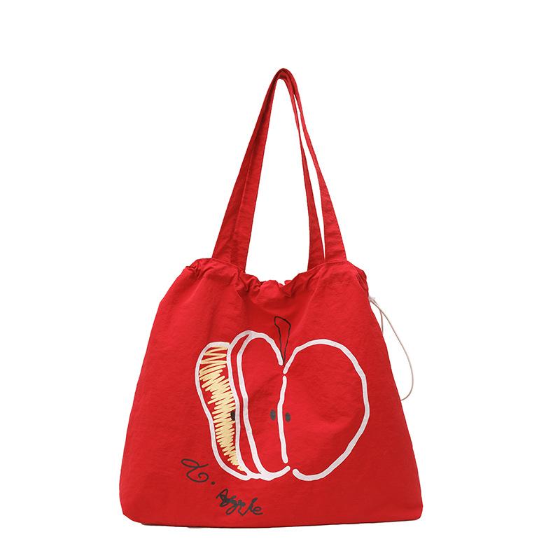 Summer drawstring nylon shoulder bag women's versatile red and white contrasting apple slices portable tote bag