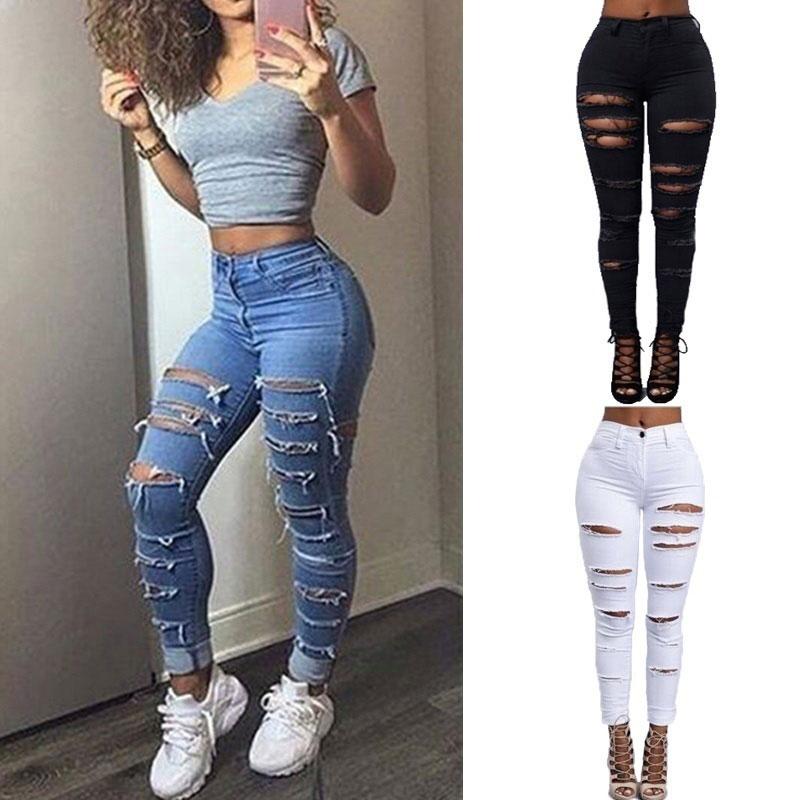 Sexy Women Ripped Jeans Spring Autumn Women Holes Cut Out Punk Street Jeans Denim Pants High Waist Slim Cowboy Jeans Trousers