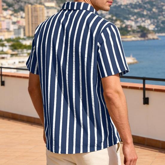 Men Striped Summer Shirt Short Sleeve Turndown Collar Button-up Shirt Casual Loose Fit Holiday Shirt for Beach Party Vacation Date