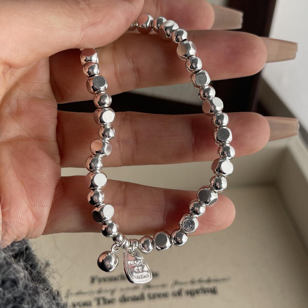 100% Massives 925er Sterlingsilber Retro-Armband für Damen Herren Vintage Handgefertigt Steinperle Einfaches Armband Geburtstagsgeschenk