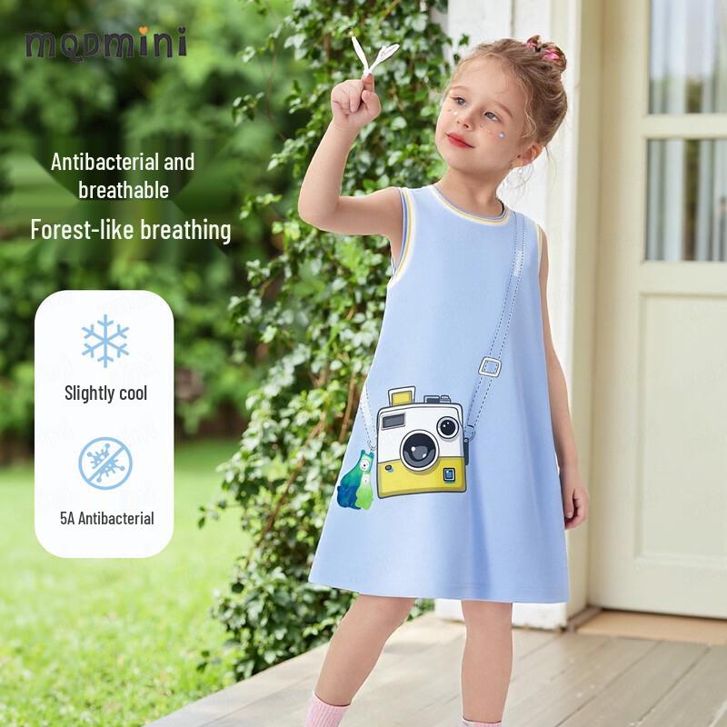 MQDMINI Girls  Sleeveless Cool-Touch Dress with Bear Camera Print