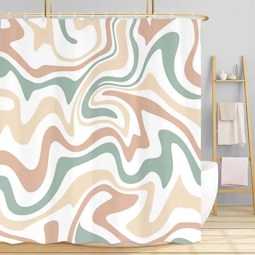Pink Shower Curtain, Aesthetic 80 S Abstract Wave Swirl Cute Beige Shower Curtain, Retro Simple Bathroom Accessories