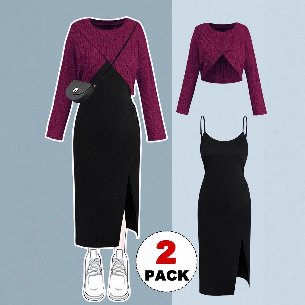 Plus Size Women's Knit Cardigan & Split Camisole Dress Set - Korean Style Autumn/Winter
