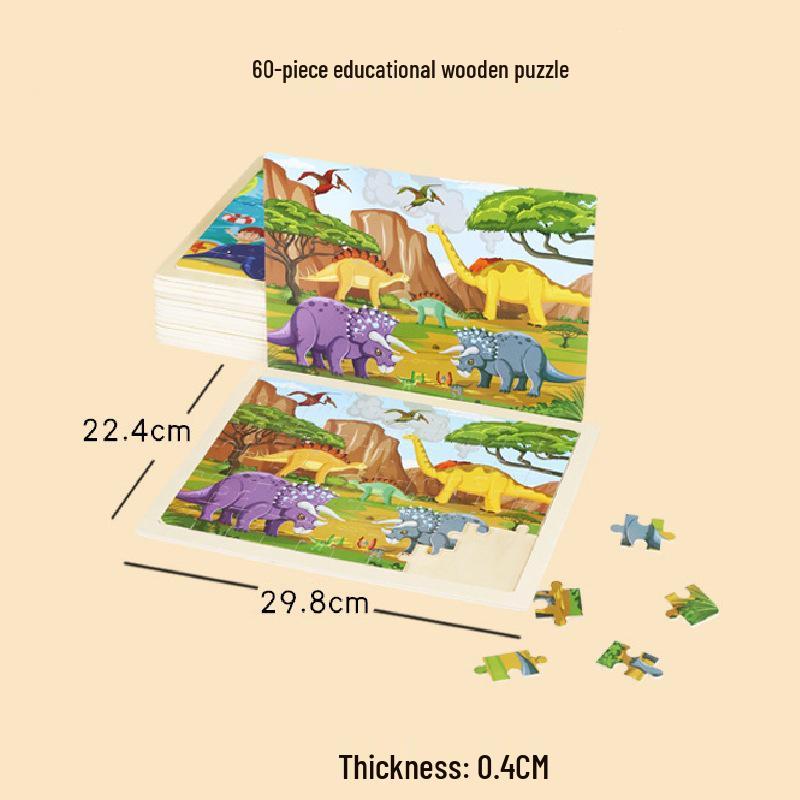 Wooden Animal Cartoon Jigsaw Puzzle Board - 30, 60, 98, 120-piece Toy for Early Childhood Education