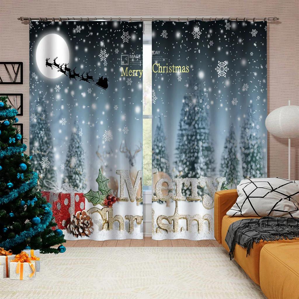Cartoon Christmas Happy New Year Star Red Ball Window Curtains Blinds for Living Room Bedroom Kitchen Door Home Decor 2 Panels