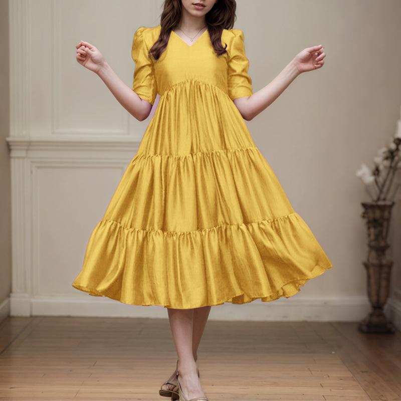 

ZANZEA Женское летнее повседневное платье с V-образным вырезом и короткими рукавами из сатина 5XL жёлтый