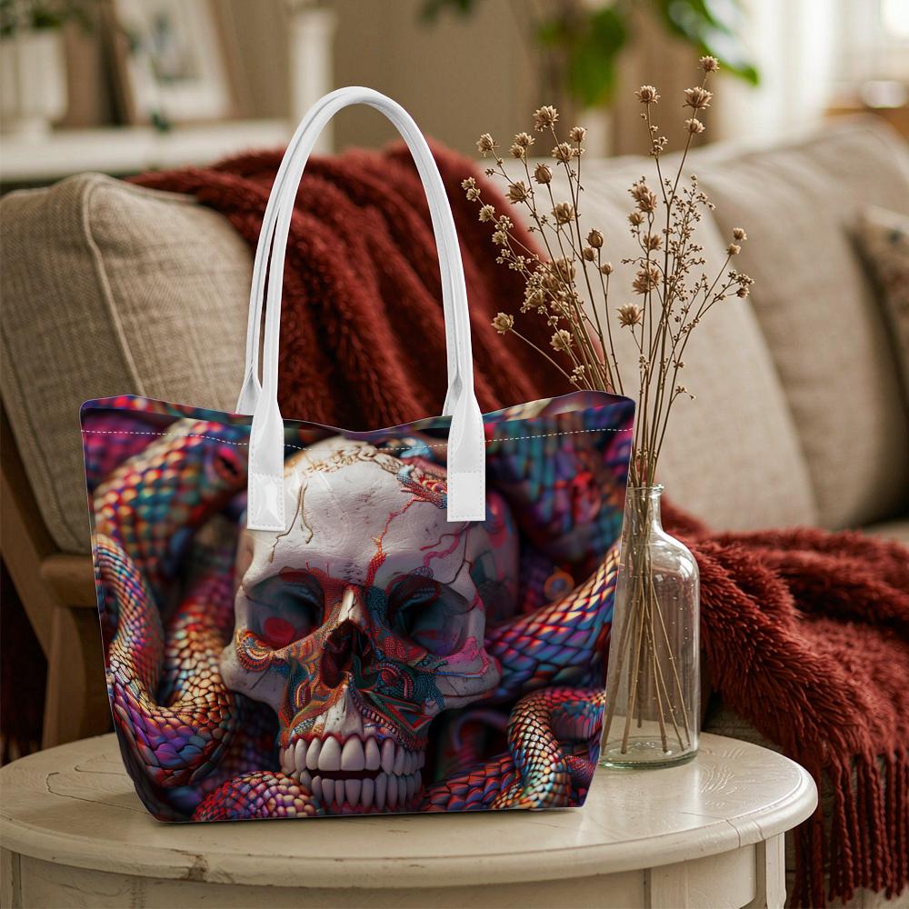 Gothic Skull Snake Pattern Tote Bag Unique Dark Style Daily Carry Handbag For Streetwear