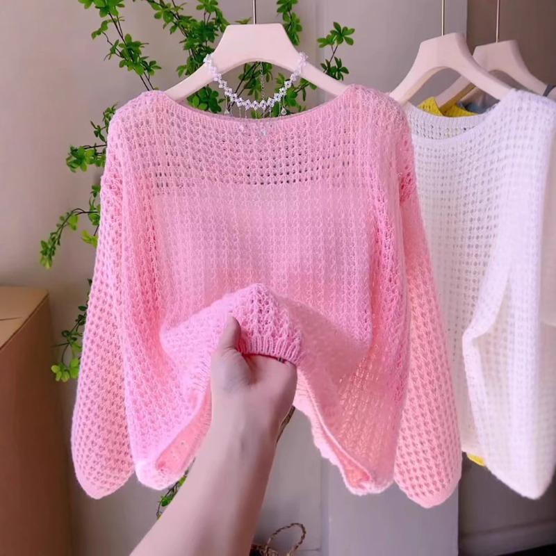Spring and summer new hollow thin crew neck knitted sweater top loose lazy wind sunscreen blouse pullover woman
