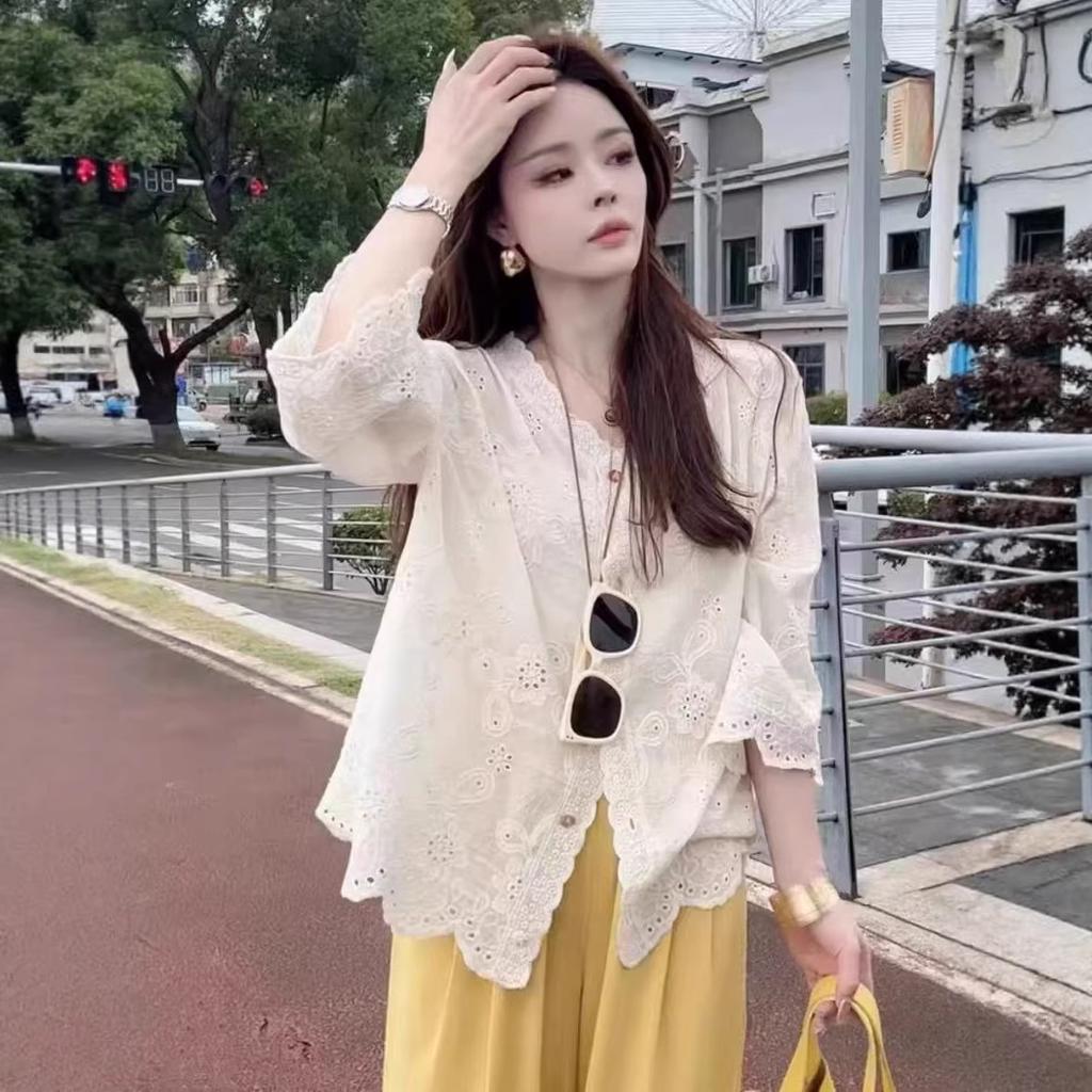 Spot Quick Hair Korean Lace Jacquard Embroidered Seven-quarter-sleeved Shirt Summer Commuting Loose and Chic Sunscreen Shirt