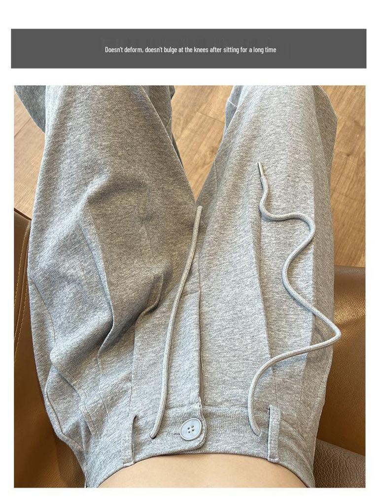 Women's High-Waist Gray Sweatpants - Summer Wide-Leg Floor-Length, Casual Loose American Style with Drawstring.