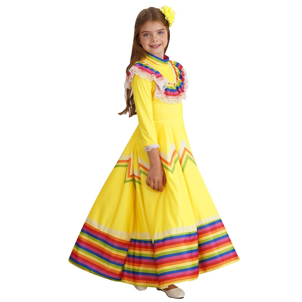 Kids Girls Mexican Traditional Jalisco Folk Dance Dress Halloween Costume with Flower Hair Clip