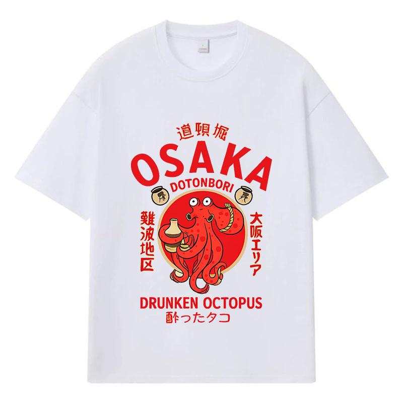 2026 Osaka Betrunkener Oktopus Gedrucktes Grafik Y2k Harajuku Streetwear 100% Baumwoll T-Shirt Lässig Übergroß Sommer Herren T-Shirt