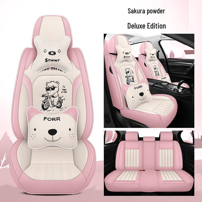 All-Season Linen Car Seat Cover - Breathable, Full Coverage with Cute Cartoon Design for Autumn/Winter