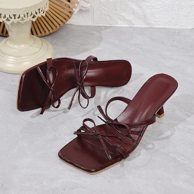Fashion Women's Bowknot Decor High Heels Sandals Fashion Square Toe Thin Heel Dress Sandals for Women Summer 2025 Double Straps Slippers