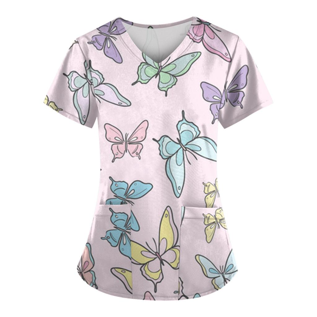 Frauen Mode Frühjahr Und Sommer Ölgemälde Druck V-ausschnitt Kurzarm Arbeitskleidung Mit Taschen Tops