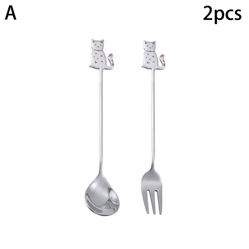 

1set Hanging Cat Coffee Spoon 304 Stainless Steel Cute Utensil with Fish Fork Kids Dessert Cutlery Set