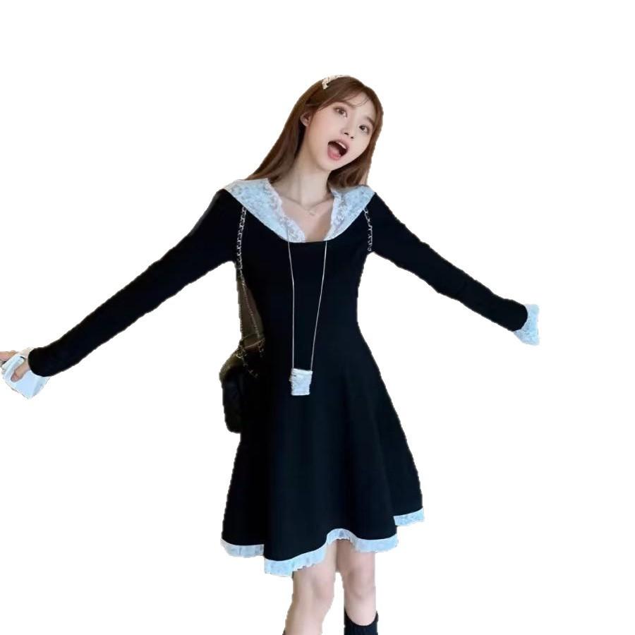 Lace Splicing Hooded Knitted Dress Women's Winter Waist Skirt Design Sweet and Spicy Style Long-sleeved A-word Short Skirt