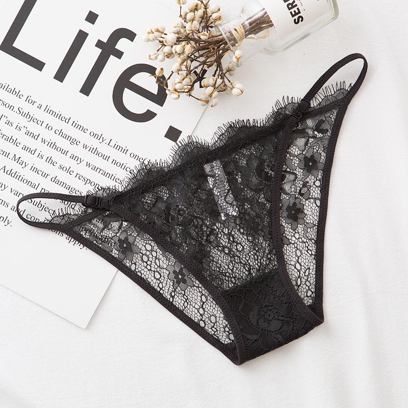 Eyelash Lace Adjustable Strap Transparent Lingerie Panties with Cotton Crotch